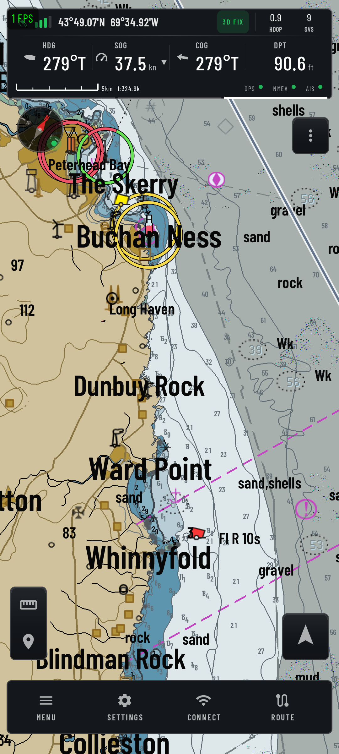 NavView showing quilted S-57 vector charts off Buchan Ness, with the status bar reading heading 279°T, speed over ground 37.5 knots, course over ground 279°T and depth 90.6 feet.